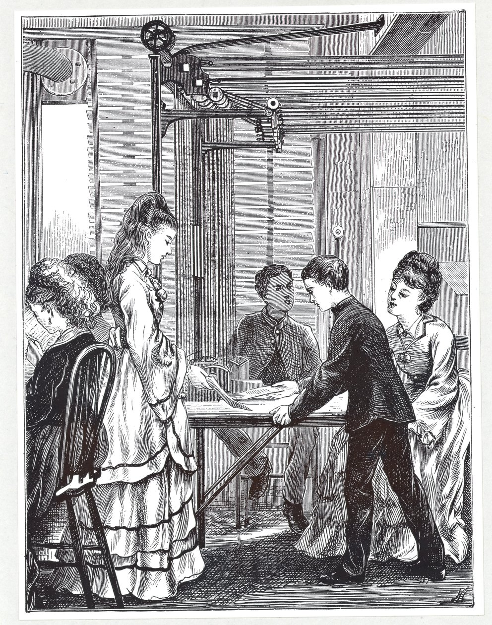 1871年のグラフィックから、ロンドンのテレグラフストリートの郵便局電信本部でメッセージを運ぶための道具 作： 英語学校