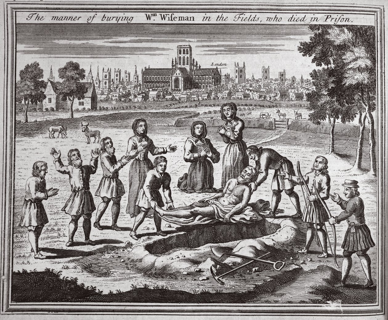 刑務所で亡くなったフィールドにWmワイズマンを埋葬する方法、Foxes Martyrs c.1703の図解 作： 英語学校
