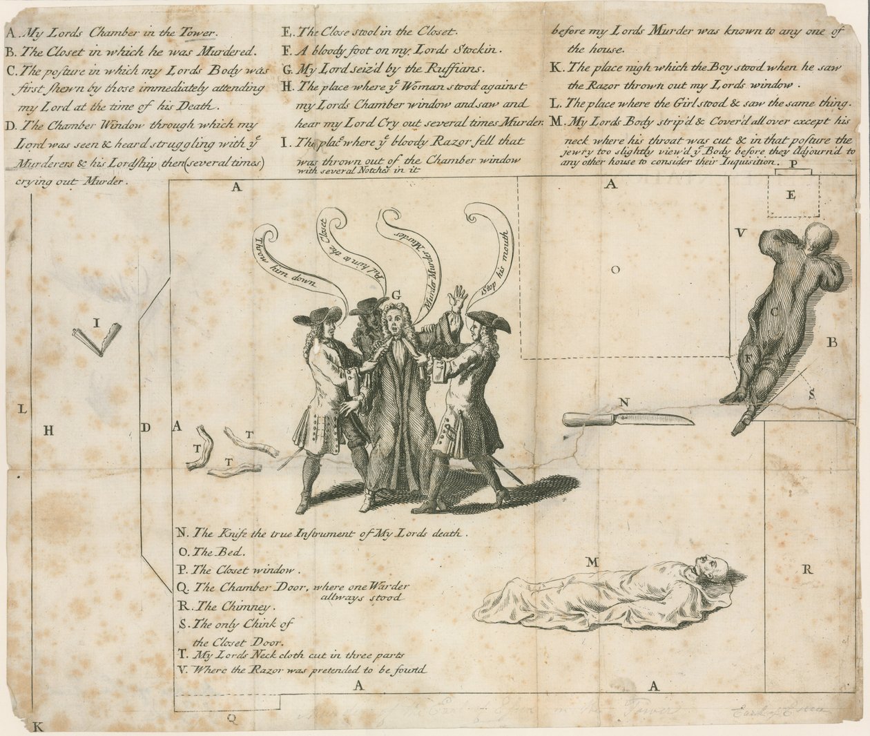 1683年、ロンドン塔でのエセックス伯爵殺害事件（エングレーヴィング） 作： 英語学校