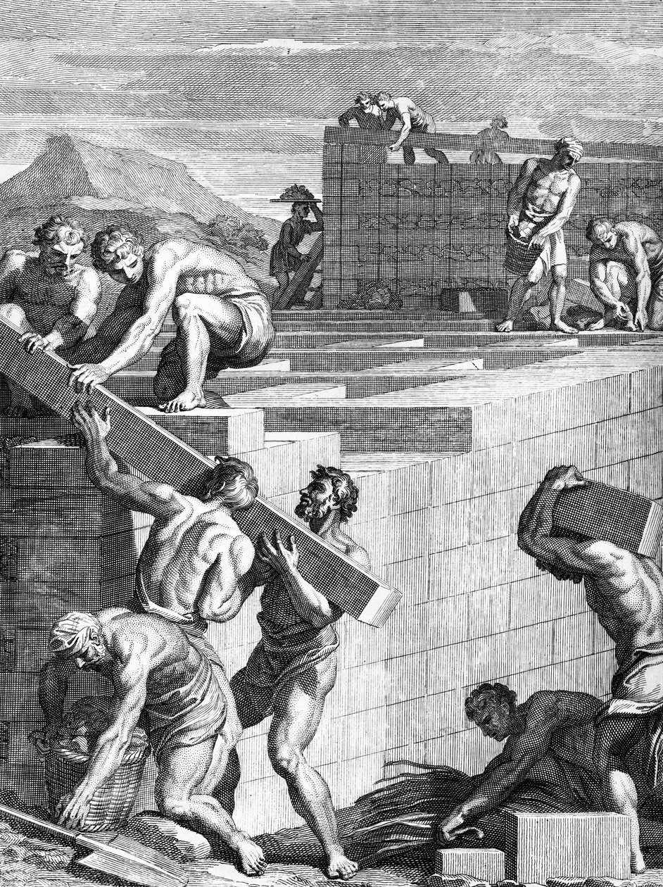 ガリア人の間の町の壁は、Cornelis Huybertsによって彫刻された石と梁の代替コースで構築されており、ウィリアムダンカンによって英語に翻訳されたシーザーズ解説への図解、 作： 英語学校