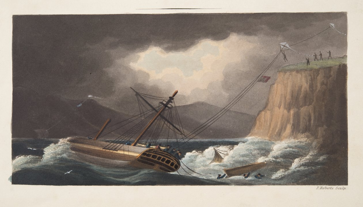 "Things attempted yet", Milton, the frontispiece from the "The Aeropleustic Art, or Navigation in the Air, by the Use of Kite, or Buoyant Sails, pub. "の詳細。1827年（手彩色アクアチント）。 作： 英語学校