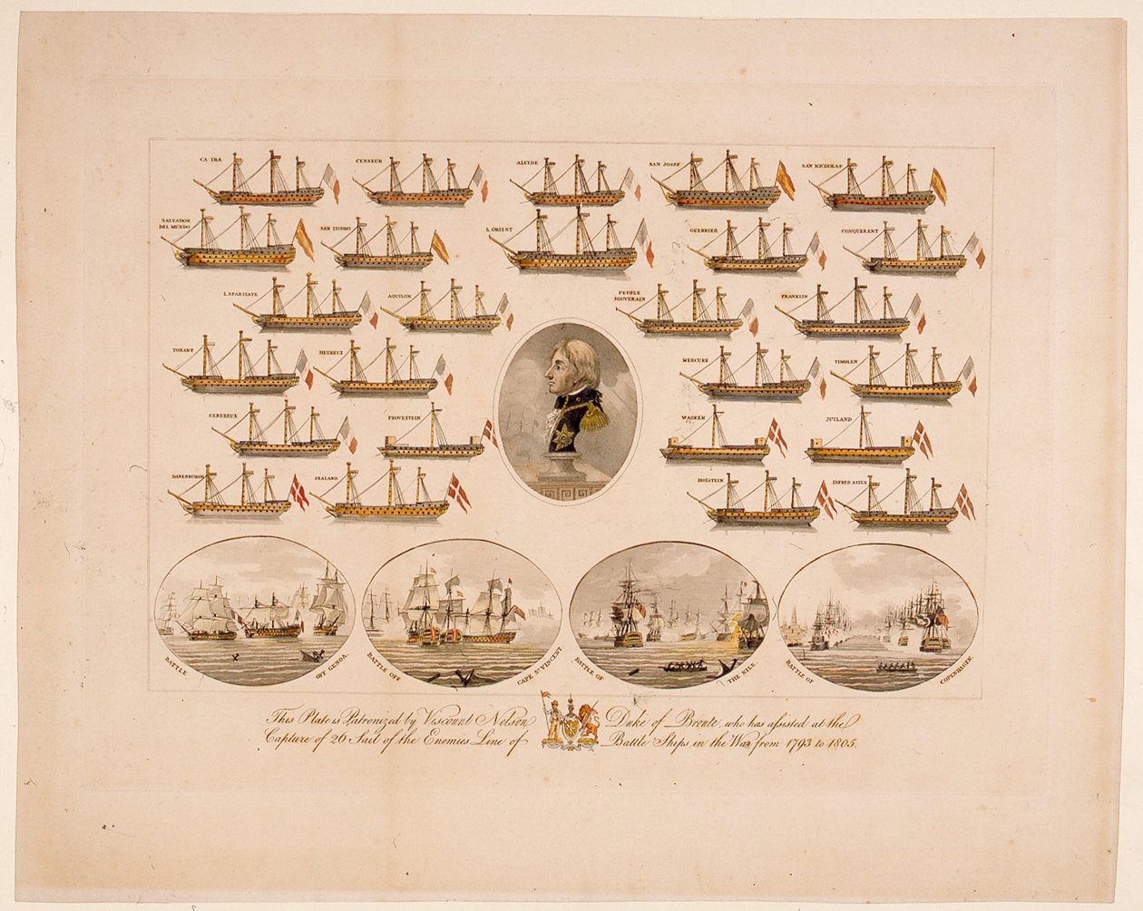 このプレートは、1793年から1805年までの戦争で、敵の戦列艦のうち26隻の帆を捕獲したブロンテ公爵ネルソン子爵の後援を受けています（彩色済み彫刻）。 作： 英語学校