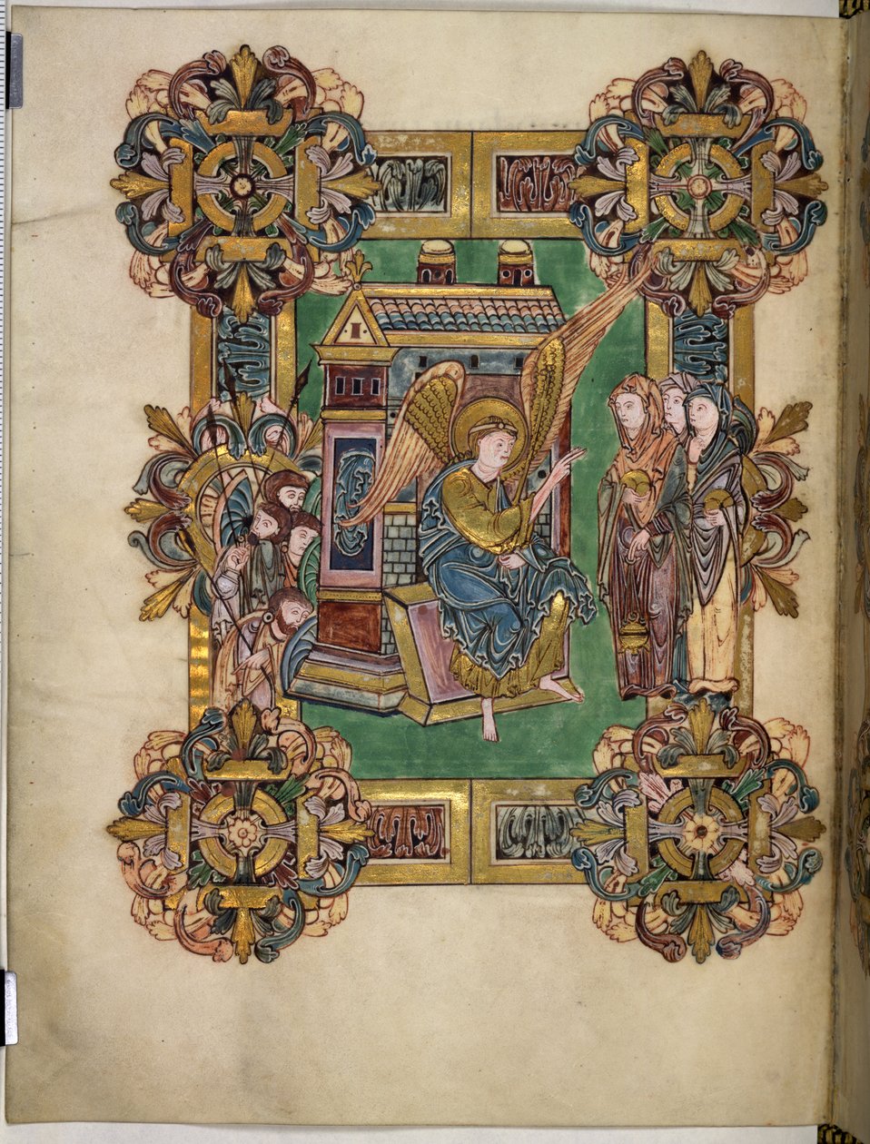 聖ÆthelwoldのBenedictional』より「墓前の3人のマリア」、963-984年頃（羊皮紙にインクと金の組み合わせ 作： 英語学校