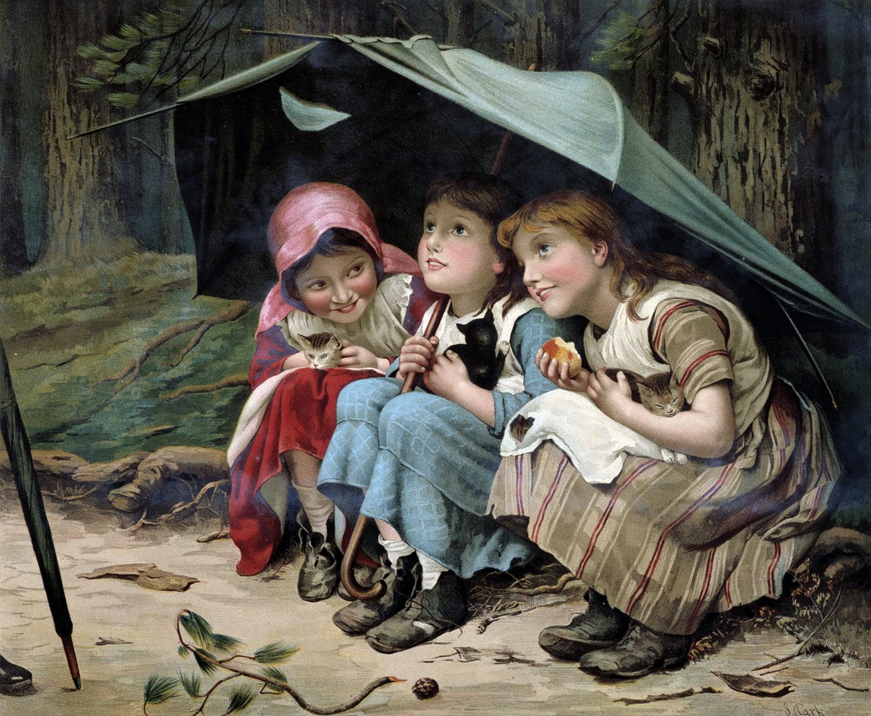 Three little kittens（傘の下でくつろぐ女の子と子猫） - 英国製クロモリトグラフィー 作： 英語学校