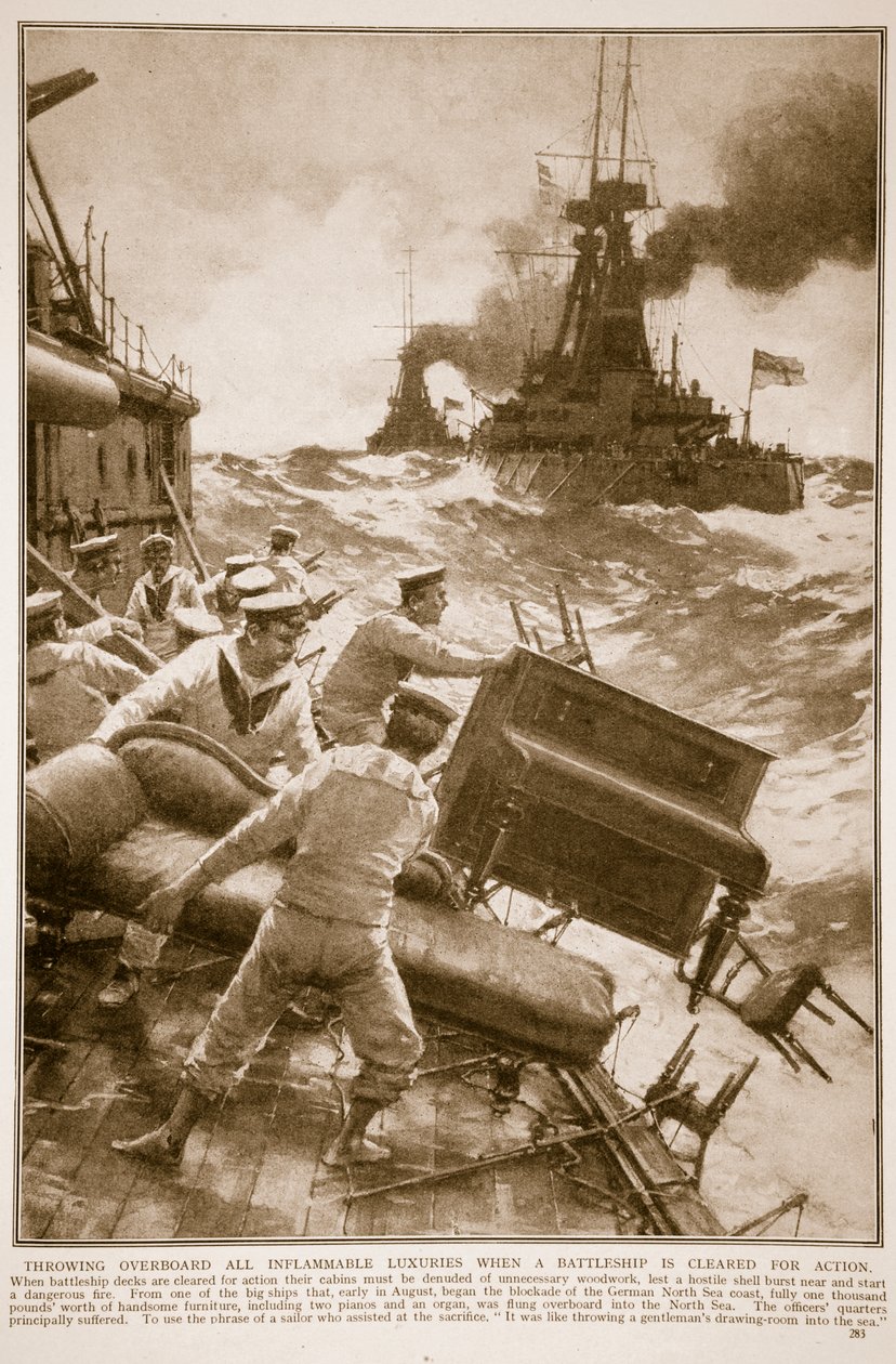 戦艦がアクションのためにクリアされたときにすべての可燃性の贅沢品を船外に投げる、1914-19 作： 英語学校