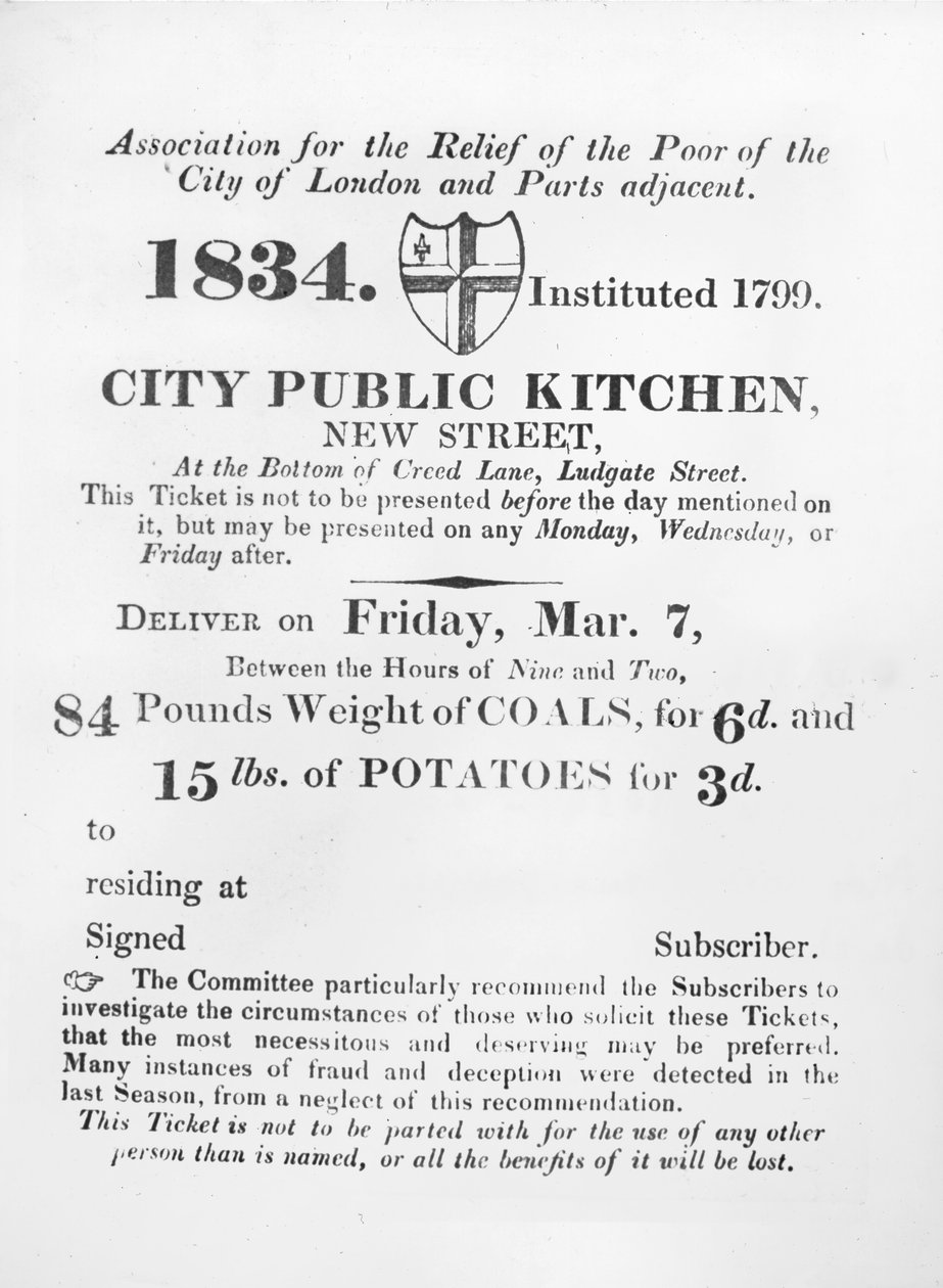 1834年にロンドンのニューストリートにあるシティパブリックキッチンから石炭とジャガイモを受け取るために貧困層に発行されたチケット 作： 英語学校