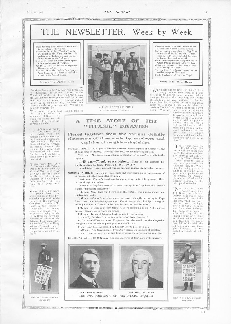 タイタニック号の沈没に関するイベントと記事のタイムライン、The Sphere、1912年4月27日 作： 英語学校
