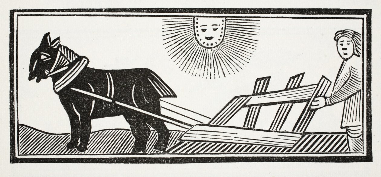 トウモロコシの播種のために地球の腸を破壊するプラウをTisします。イラストは、パブのJohn Ashtonによる18世紀のChap-booksからのイラストです。 1882 作： 英語学校