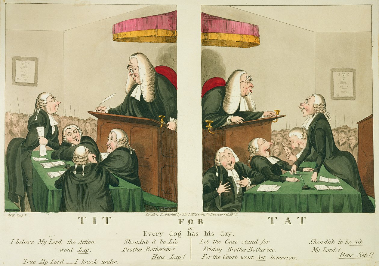 1827年ロンドン、トーマス・マクリーン発行の「Tat for Tat、またはEvery Dog Has His Day」 作： 英語学校