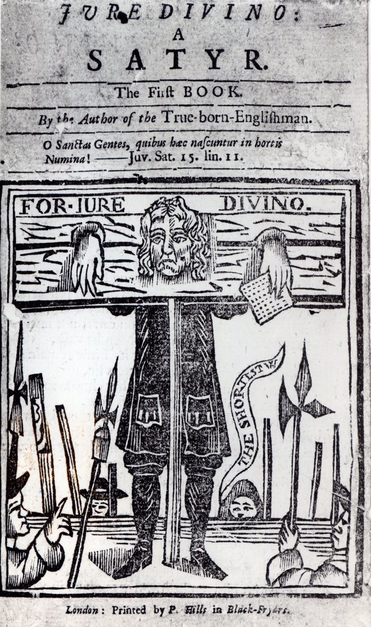 1706年に発行された、Jure Divinoの最初の本のタイトルページ-Daniel Defoe（1660-1731）によるサテュロス 作： 英語学校