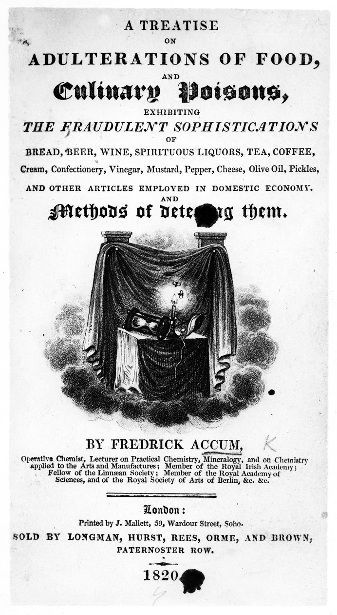 1820年に発行されたフレデリックアキュムによる食品および料理の毒物の偽装に関する条約のタイトルページ（印刷された紙） 作： 英語学校