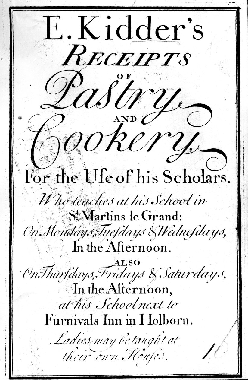 Edward KidderによるE.キッダーのペストリーおよび料理の領収書のタイトルページ、c.1730を発行 作： 英語学校