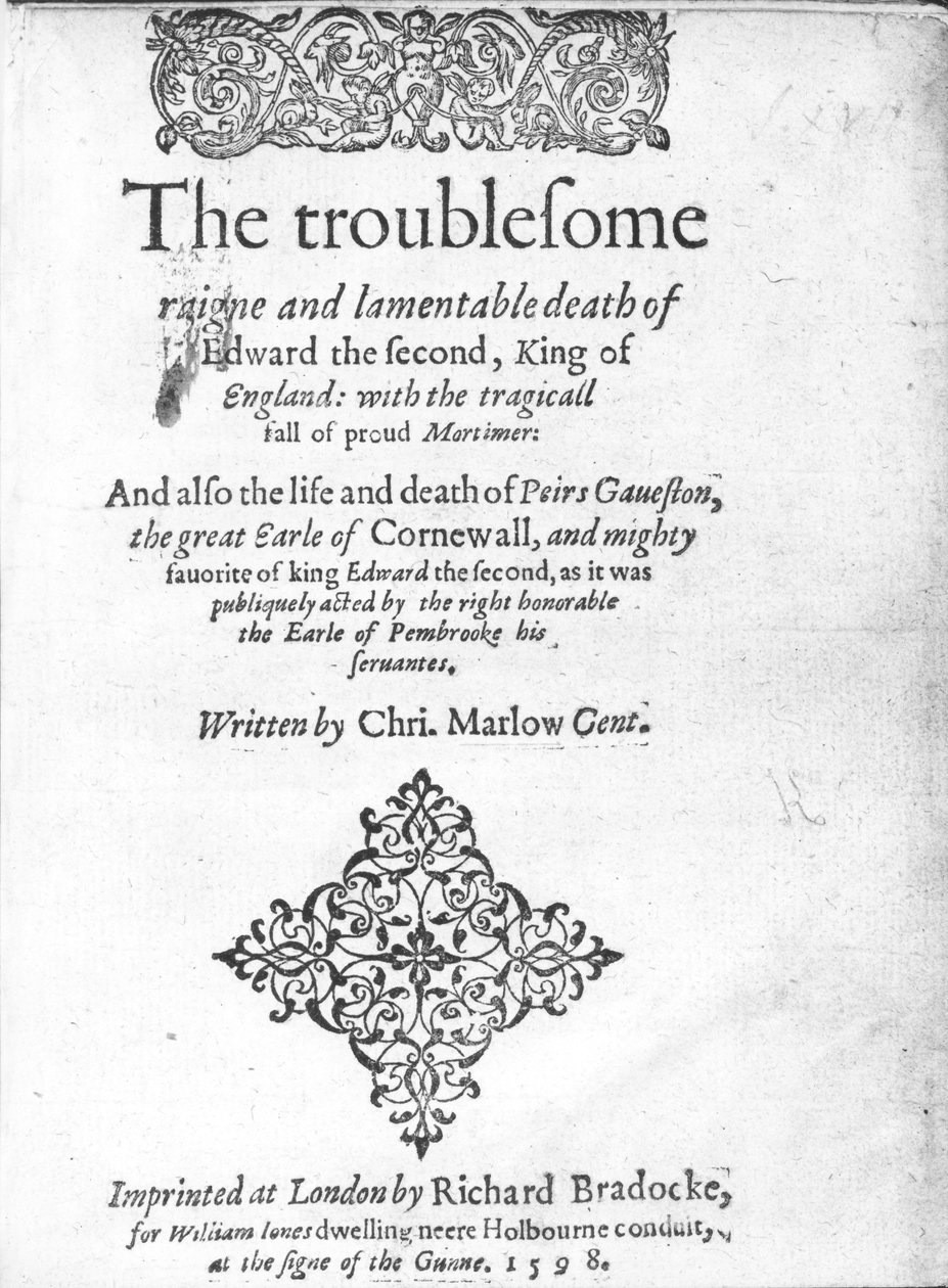 エドワード2世のタイトルページ、クリストファーマーロウ著、1598年発行（印刷物） 作： 英語学校