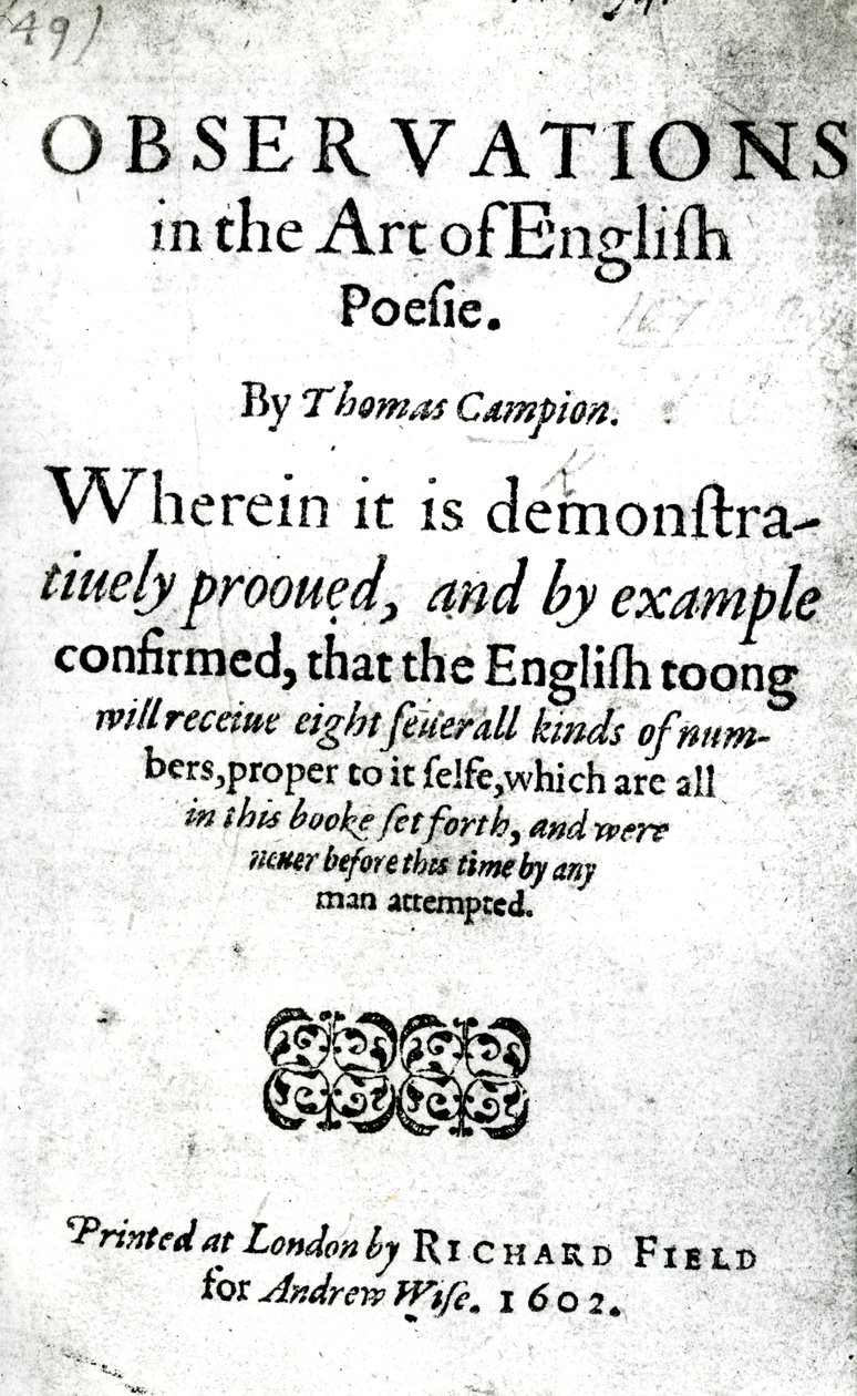 Thomas Campionによる英語の詩詩の観察のタイトルページ、1602年発行（印刷物） 作： 英語学校