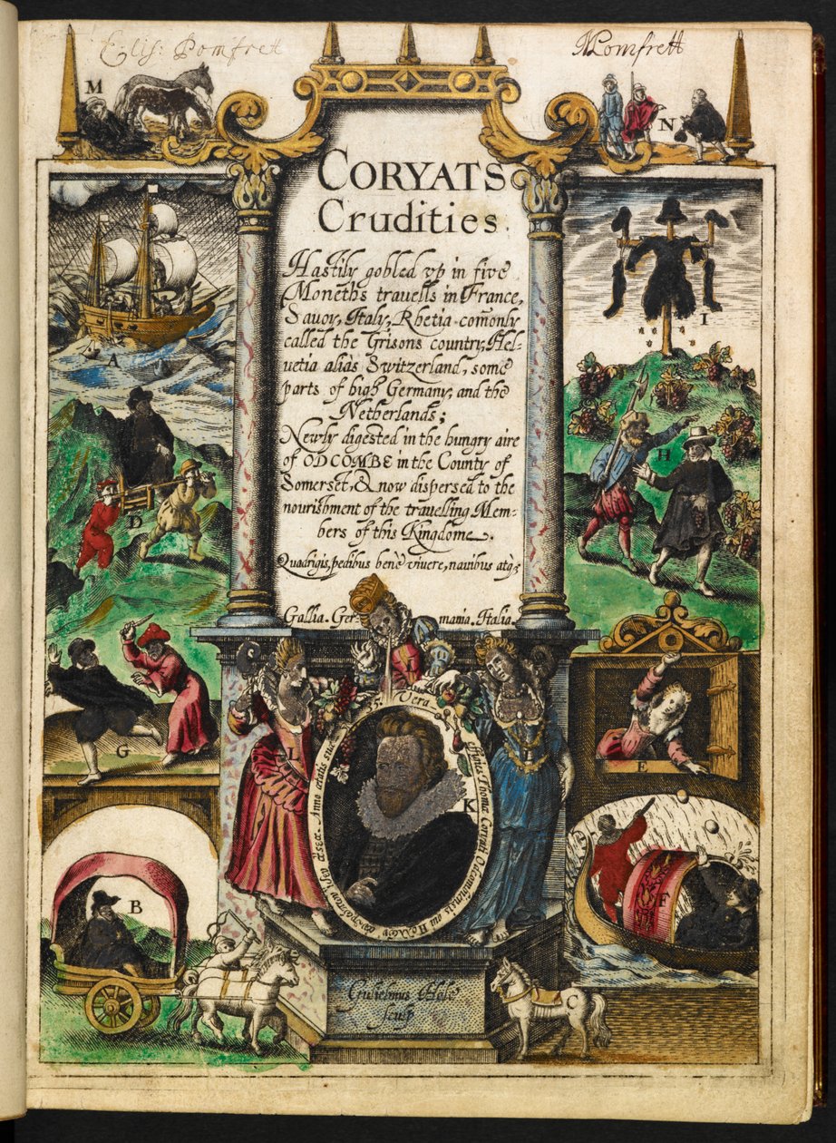 「Coryats Crudities Hastily gobled vp in 5 Moneth trauells...」のタイトル ページ by Thomas Coryat 作： 英語学校