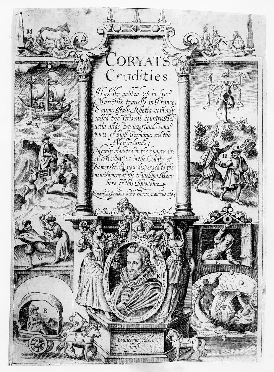 1611年に公開されたCoryats Cruditiesのタイトルページ 作： 英語学校