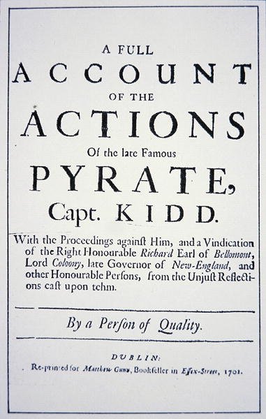 1701 年にロンドンで出版された海賊キャプテン ウィリアム キッドの生涯のタイトル ページ (litho) 作： 英語学校
