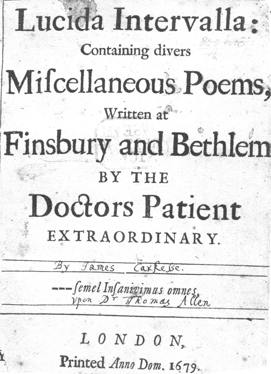 James CarkesseによるLucida Intervallaへのタイトルページ、1679年発行（印刷物） 作： 英語学校