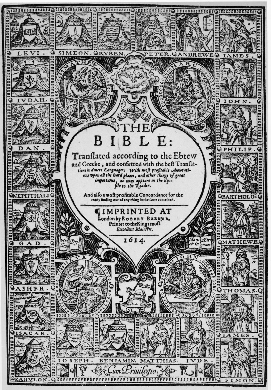 ジュネーブ聖書の英語訳のタイトルページ、1614 作： 英語学校
