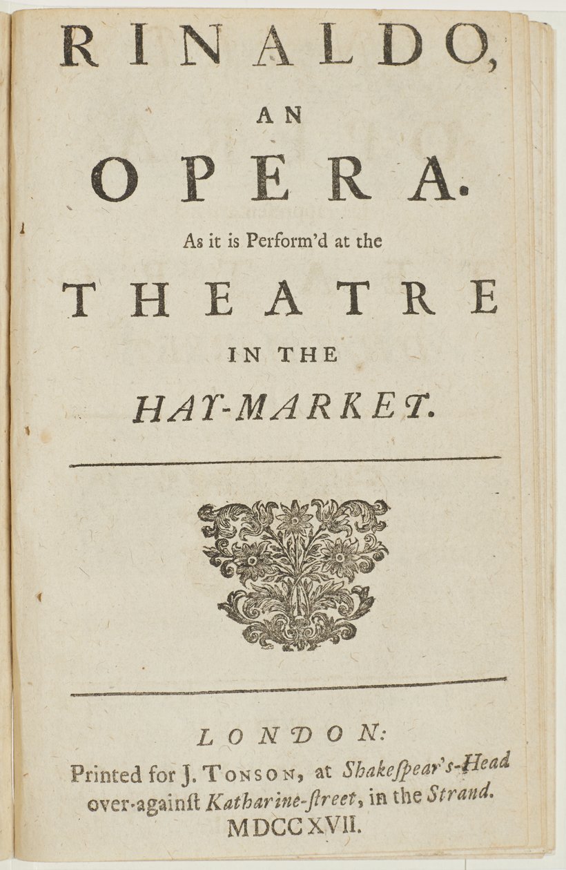 ヘンデルのオペラ「リナルド」の台本のタイトルページ、ジャコモロッシ作、1717年 作： 英語学校