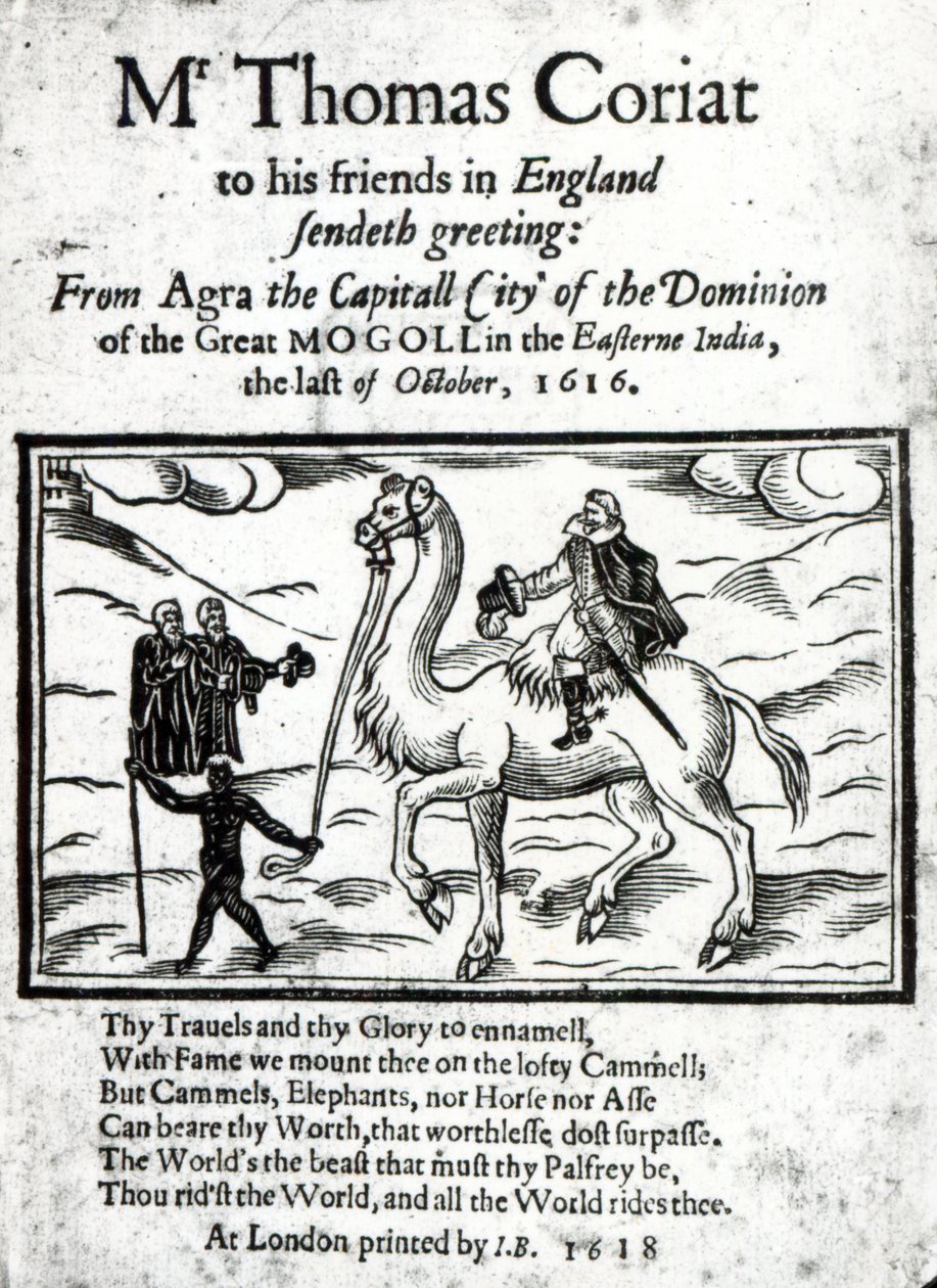 1618年にロンドンで出版された、死後のインド旅行記のトーマスコーリアットのタイトルページ（印刷された紙と木版） 作： 英語学校