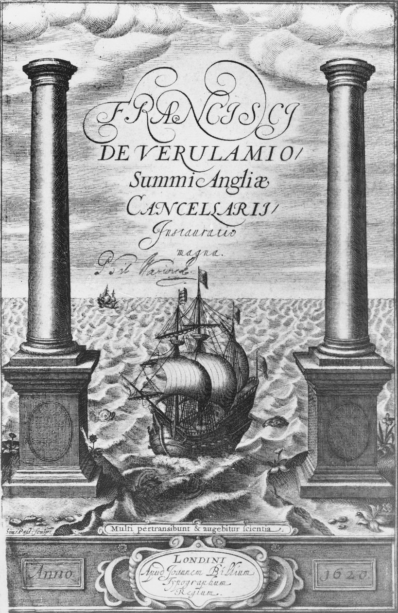 サー・フランシス・ベーコンによるノーヴァム・オーガナムの初版のタイトルページ、1620 作： 英語学校