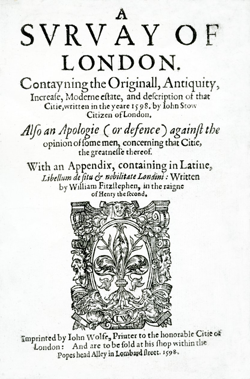 1598年に出版された、ジョンストウによるロンドンの調査のタイトルページ（印刷された紙） 作： 英語学校