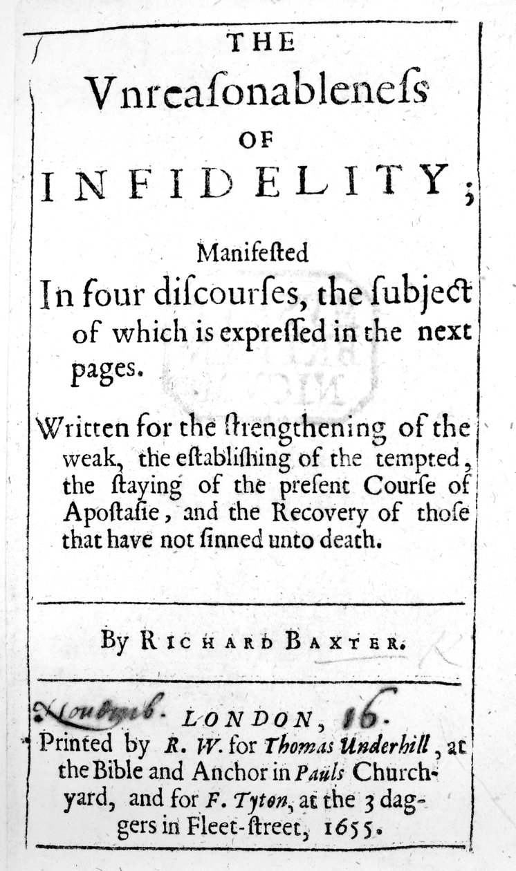 1655年に出版されたリチャードバクスターによる不貞の不合理へのタイトルページ 作： 英語学校