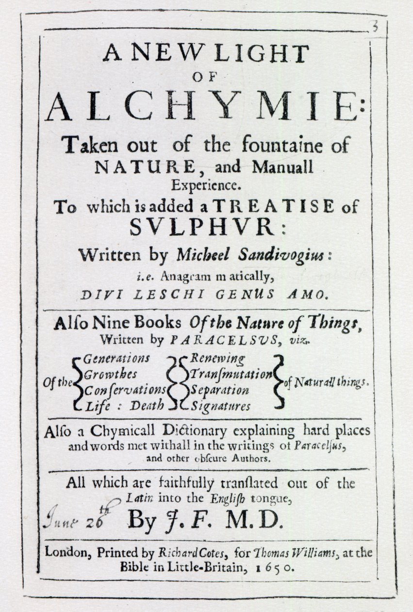 Michal Sedziwoj、1650（印刷）による英語版のA New Light on Alchemyのタイトルページ 作： 英語学校