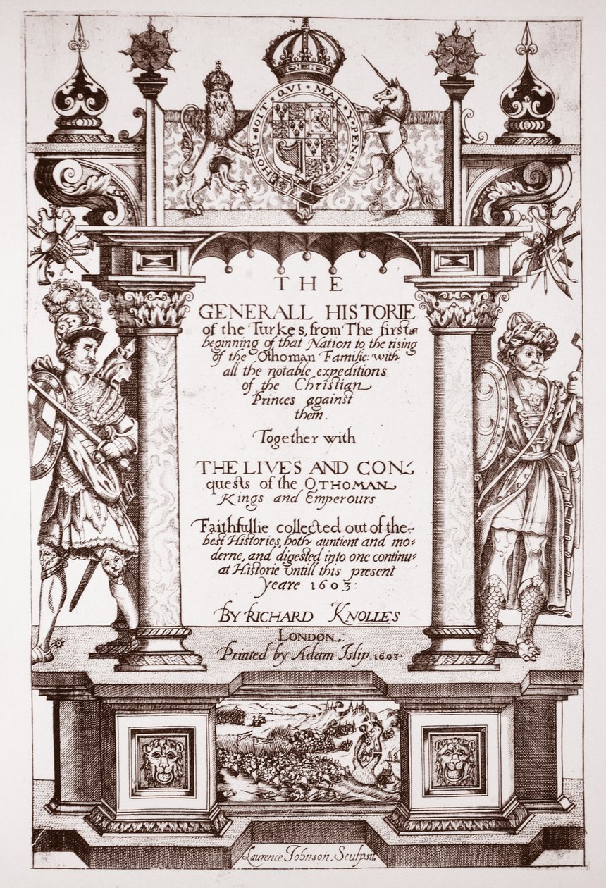 タイトルページ、Knolles General History of the Turks、パブ。 Adam Islip、1603 作： 英語学校