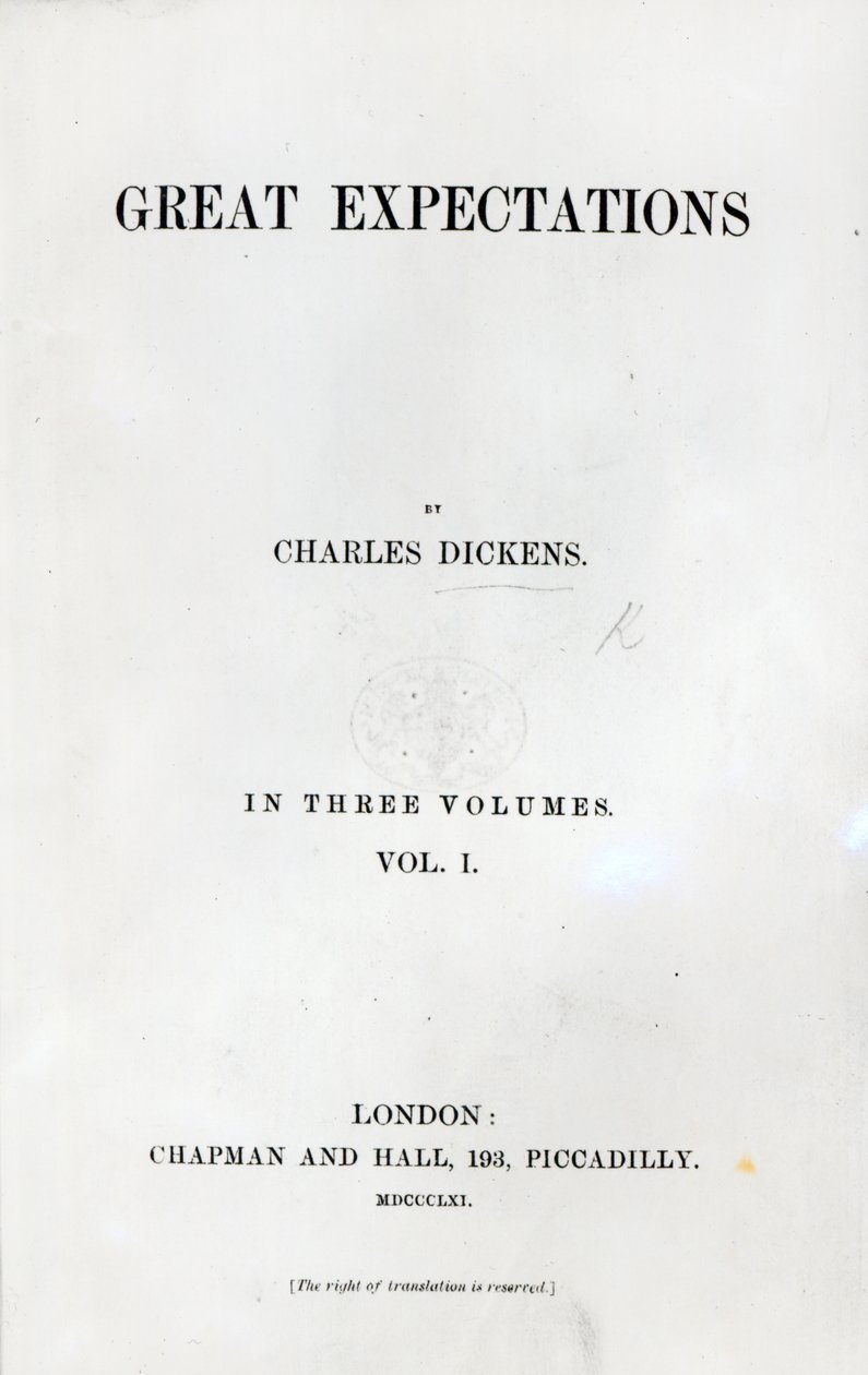 チャールズディケンズの大いなる期待へのタイトルページ、初版、1861年（印刷） 作： 英語学校