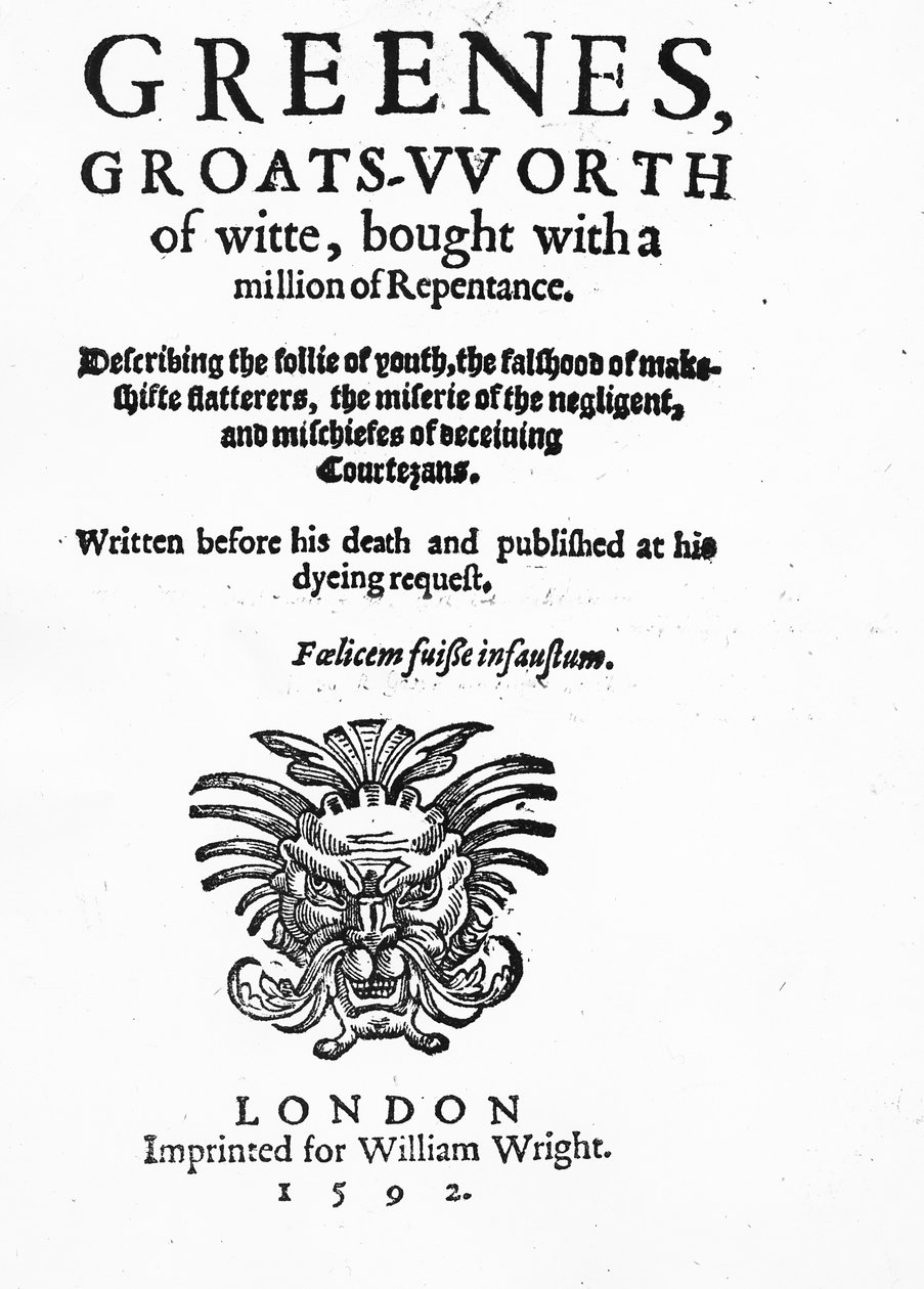 Greenes Groats-Worth of Witのタイトルページ、Robert Greene作、1592年発行（印刷物） 作： 英語学校
