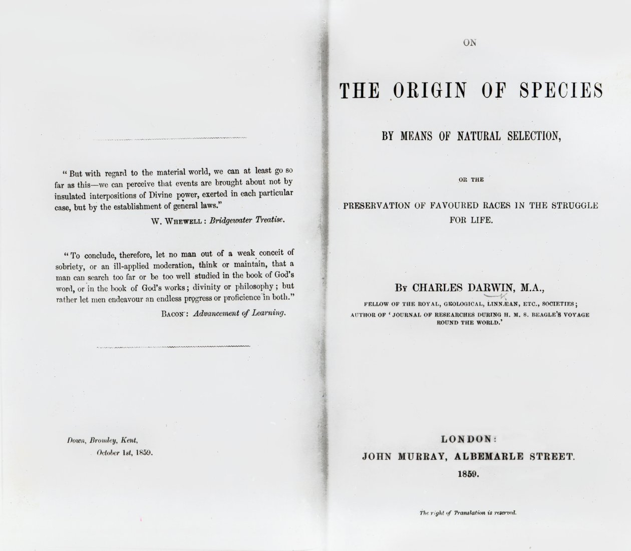 1859年に出版されたチャールズダーウィンによる「種の起源について」のタイトルページ 作： 英語学校