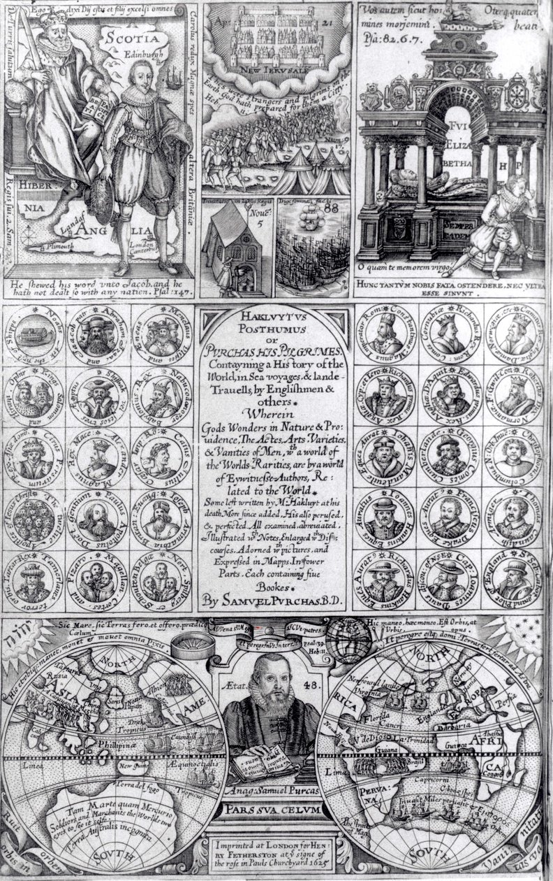 1625年に発行されたHakluytus PosthumusまたはPurchas His Pilgrimesの最初の版のタイトルページ 作： 英語学校