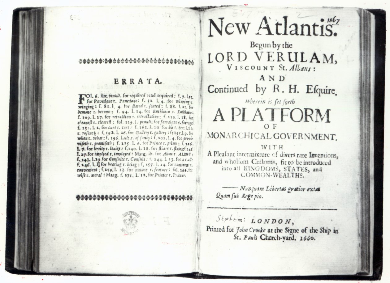 Francis Bacons New Atlantisのタイトルページ、1660年に発行された版（印刷） 作： 英語学校