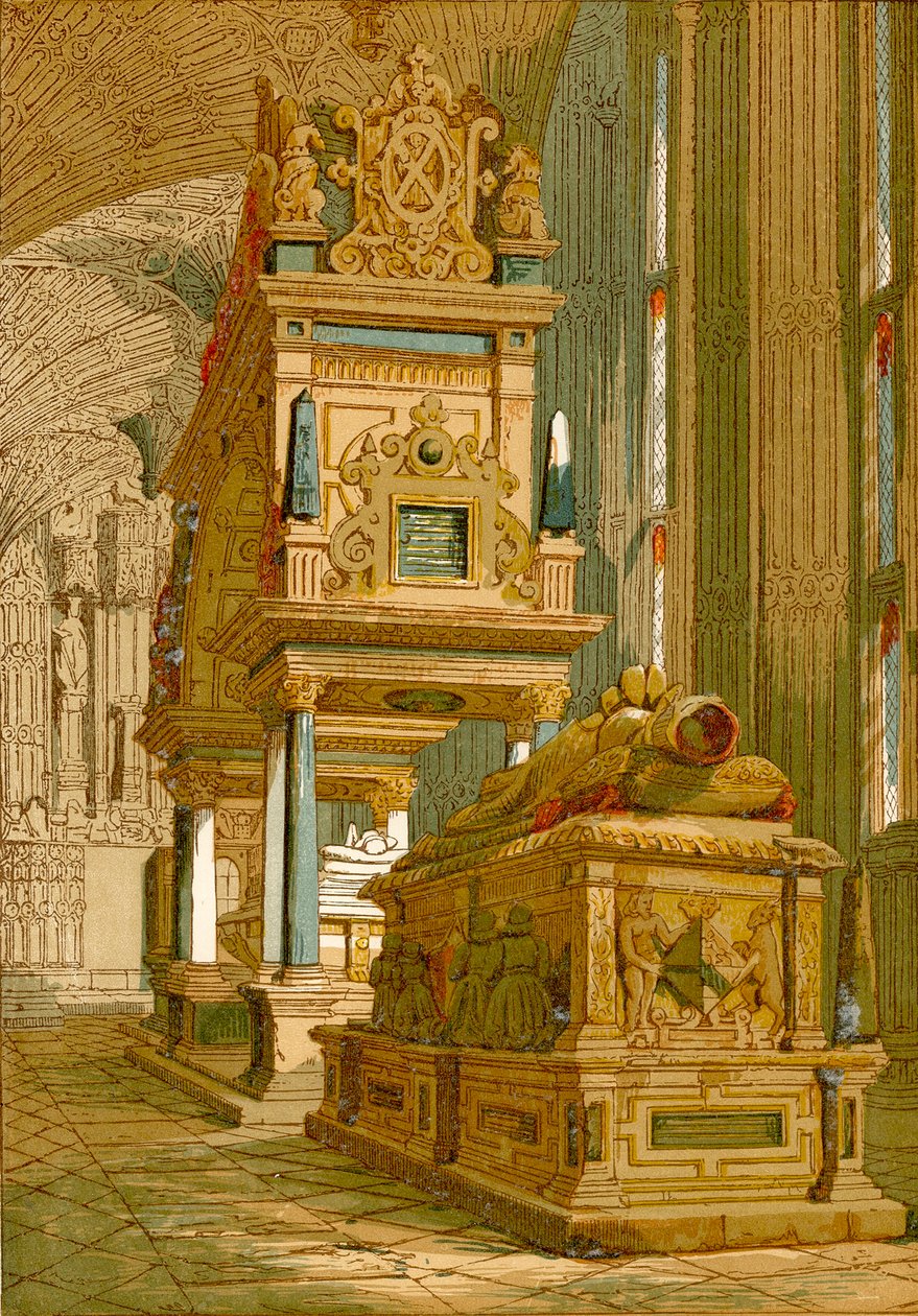 スコットランド女王メアリーの墓、ウェストミンスター寺院（彩色版画） 作： 英語学校