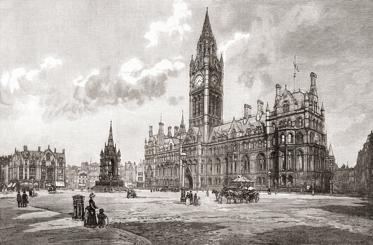 タウンホール、アルバート・スクエア、マンチェスター、1893年頃発行の「Cities of the World」より（プリント） 作： 英語学校