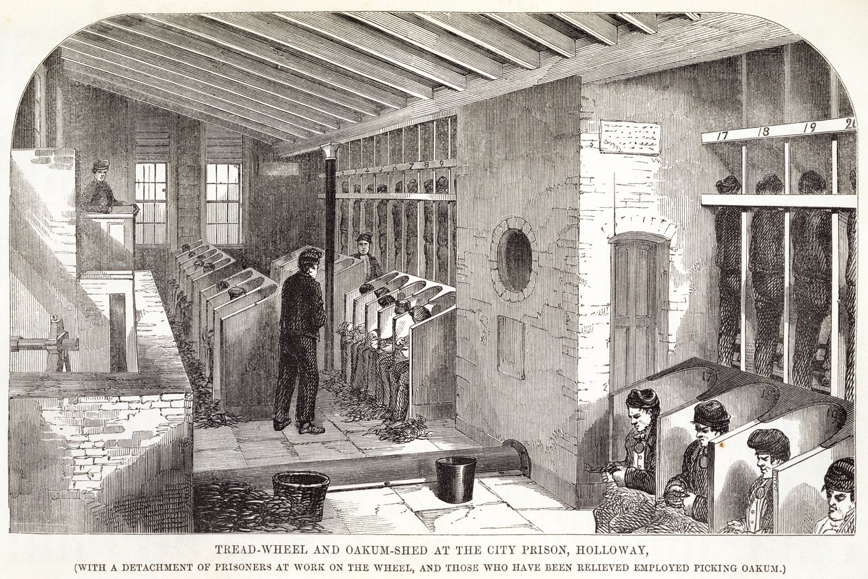 ロンドンの刑務所刑務所とヘンリーメイヒュー（1812-87）とジョンビニー、1862年の刑務所生活のシーンからのホロウェイ市刑務所でのトレッドホイールとオークムシェッド 作： 英語学校