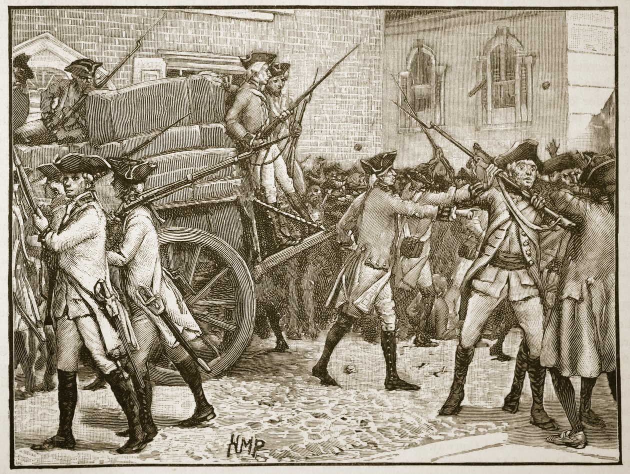 1766年、ニューヨークの市役所にスタンプされた紙を護衛する部隊、カッセルズイラストレイテッドイングランドオブイングランドのイラスト（セピア写真） 作： 英語学校