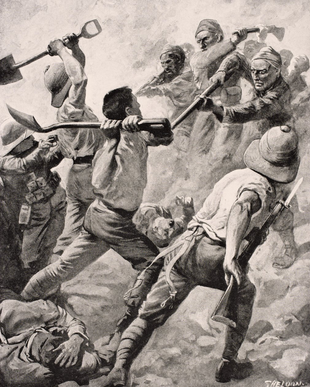 1916年にロンドンで出版された「The War Illustrated Album deLuxe」から、ガリポリ半島トルコ1915年に手に手を取り合って戦うトルコとイギリスの兵士 作： 英語学校