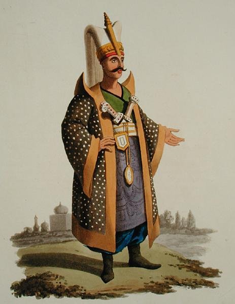 トルコの戦士、1800年から18年頃に出版されたThomas MacLean著「Costumes of the Various Nations」第7巻「The Military Costume of Turkey」より（手彩色アクアチント）。 作： 英語学校