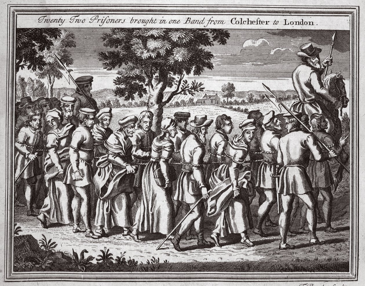 22人の囚人がコルチェスターからロンドンに1人のバンドを連れてきた、Foxes Martyrs c.1703のイラスト 作： 英語学校