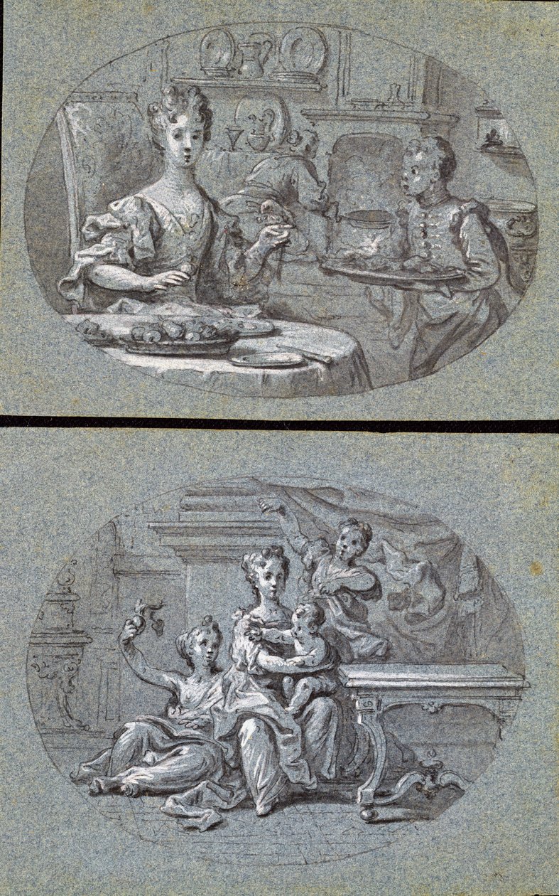 2つの国内のシーン、c.1725（青い紙に黒と白のチョーク） 作： 英語学校