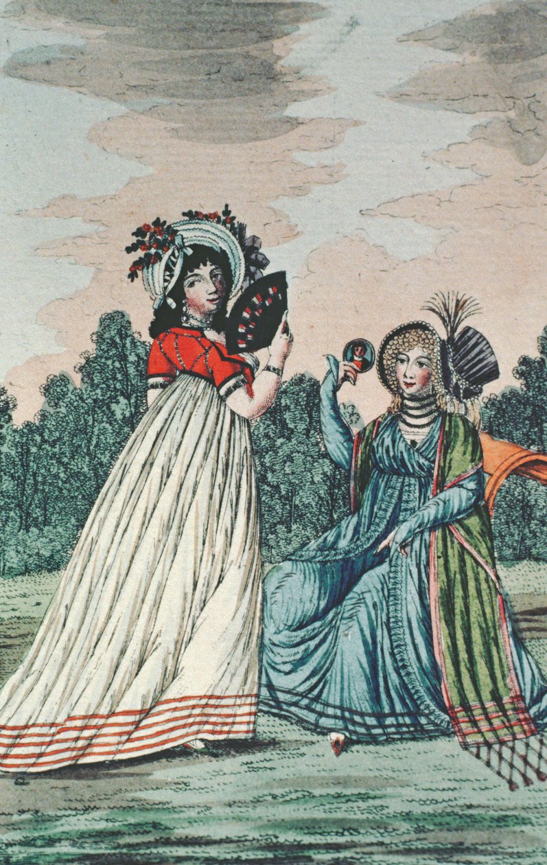 庭にいる2人のおしゃれな女性、1800年頃（カラー彫刻） 作： 英語学校