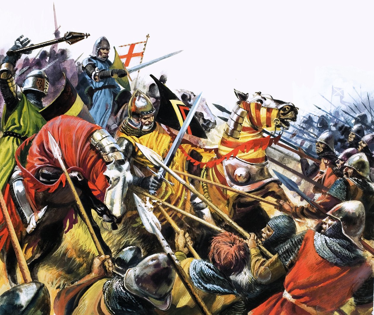 槍を持った敵と戦う装甲騎兵の馬が描かれた正体不明の戦闘シーン 作： 英語学校