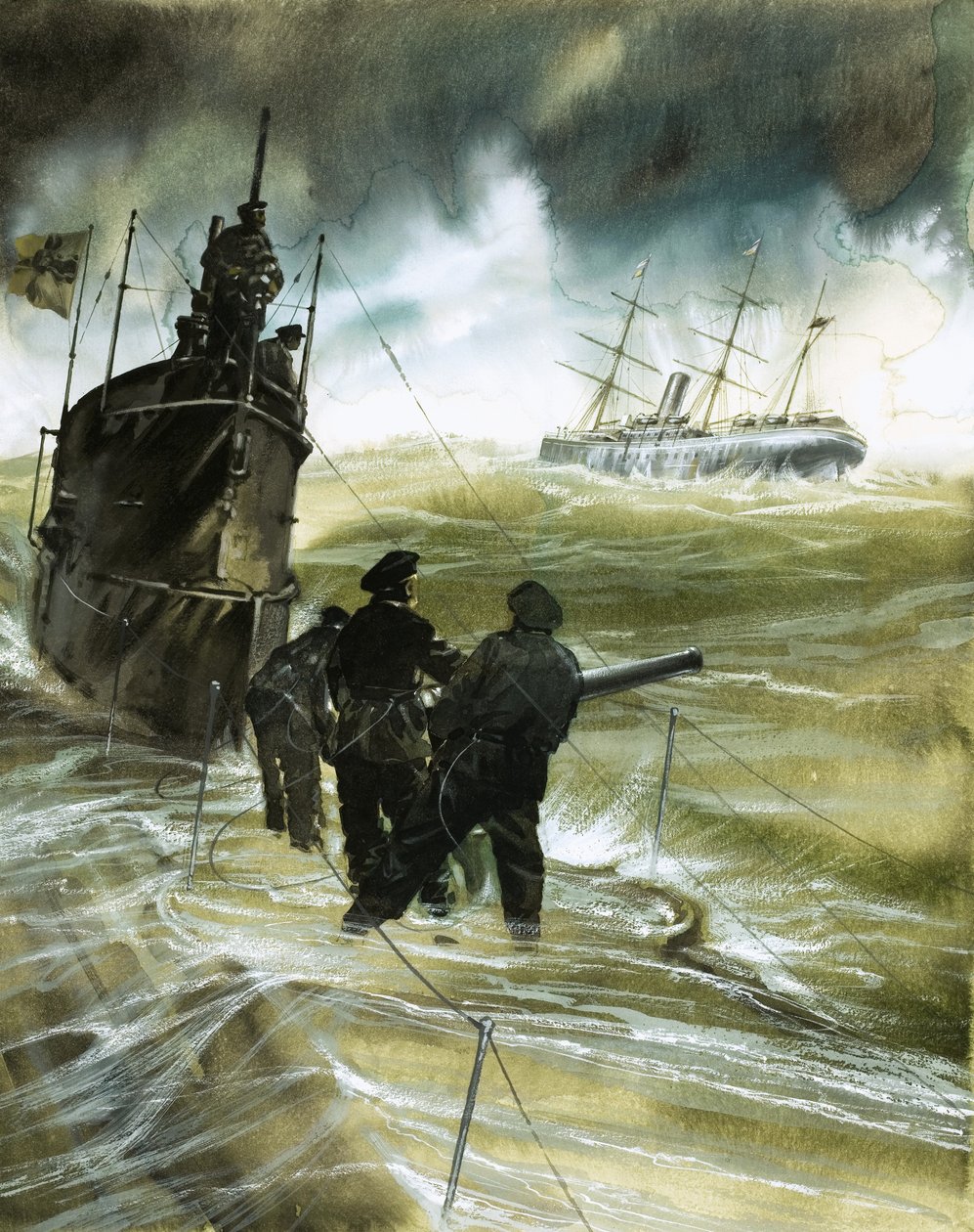 水平線上にボートを浮かべた潜水艦のデッキにいる正体不明の兵士たち 作： 英語学校