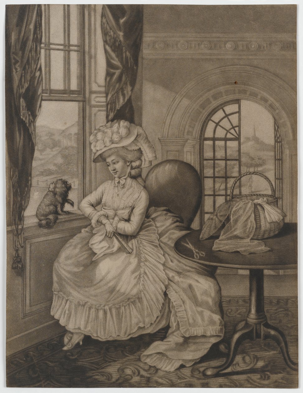 無題（小型犬に関して窓際に座っている女性）、c.1780（メゾチント） 作： 英語学校
