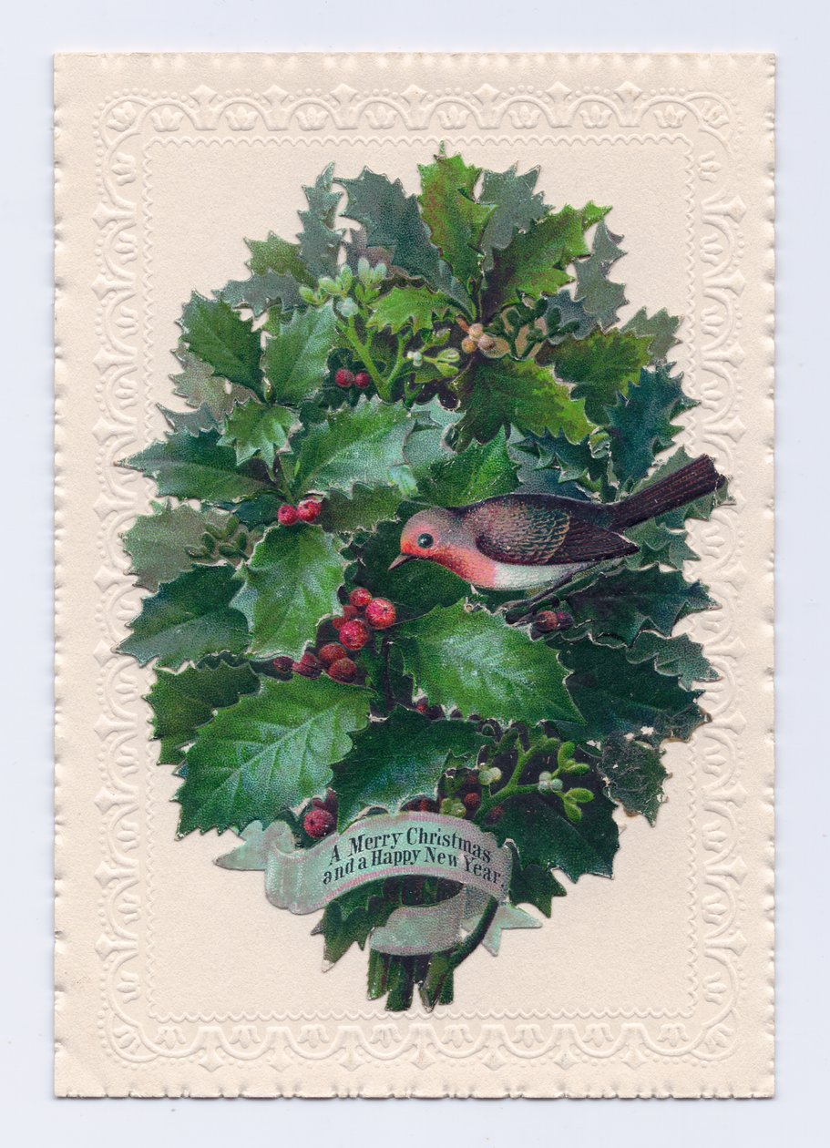 ヒイラギの葉の花束を持ったコマドリのヴィクトリアン・クリスマス＆ニューイヤーカード、1880年頃（カラーリトグラフ版 作： 英語学校