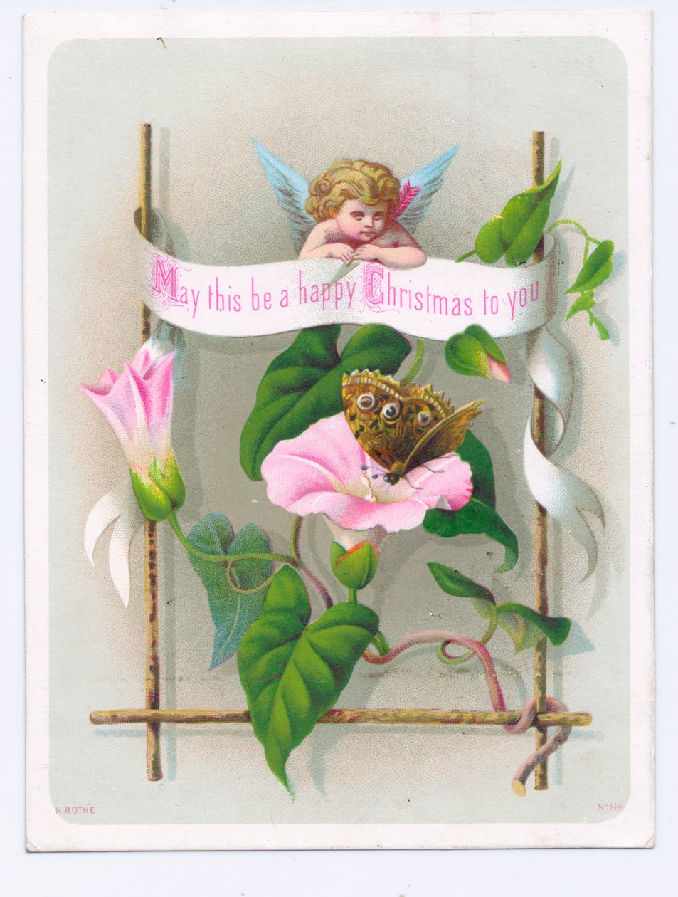 ピンクの花の上で蝶を見つめるキューピッドのヴィクトリアン・クリスマス・カード 1880年頃（カラーリトグラフ） 作： 英語学校