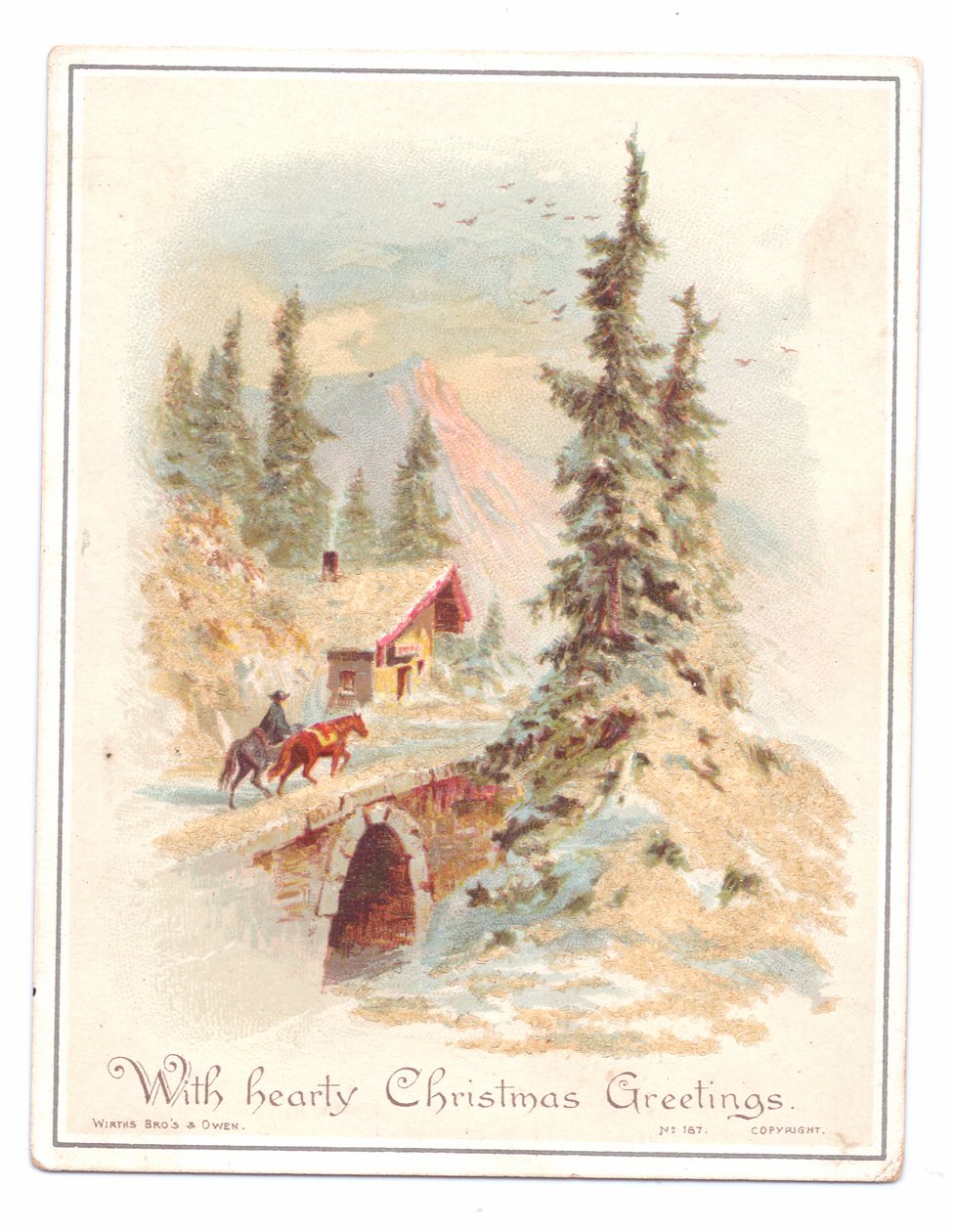 橋を渡る人と2頭の馬を描いたヴィクトリア朝のクリスマスカード、1880年頃（カラーリトグラフ 作： 英語学校